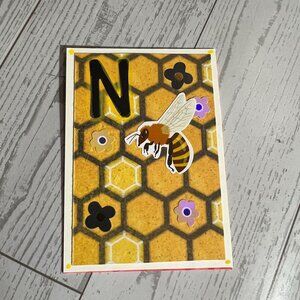 Original ACEO Art Card Bee Hive Yellow Brown Decor With “N”